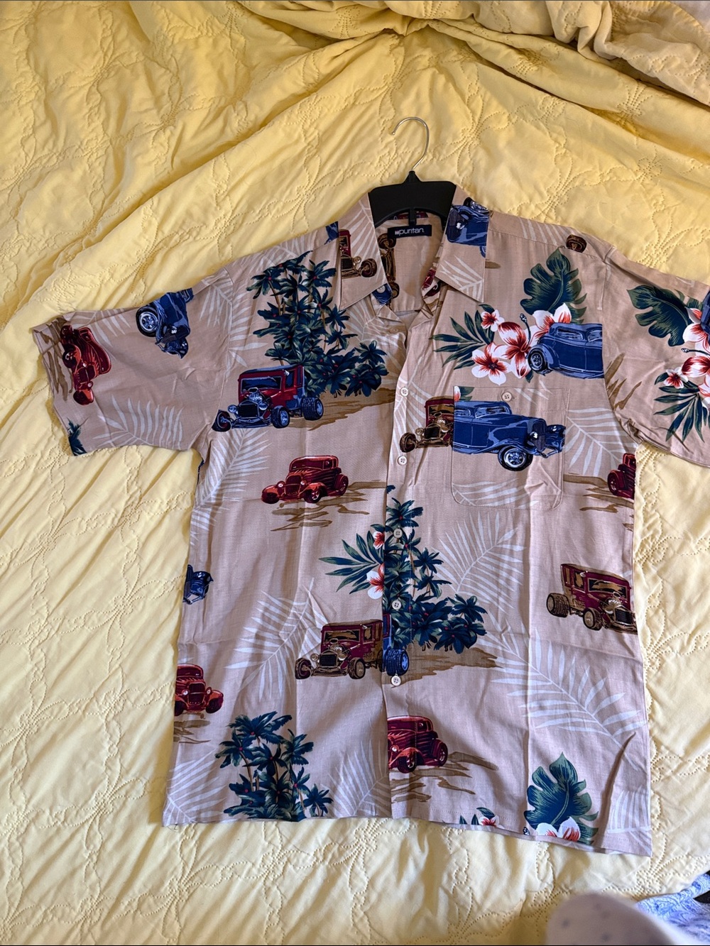 Puritan Beige Vintage Car Print Hawaiian Shirt - M